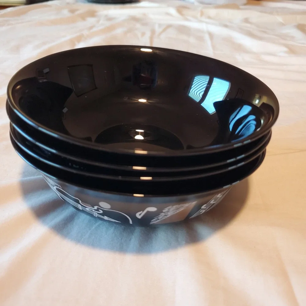 Arcoroc France Black Glass Musical Instrument Bowls Set of 4 Violin Harp Motif